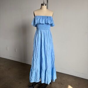 $295 NWT Lusana “Pari” Linen Maxi Dress with Ruffle Neckline in Neu Blue Sz S